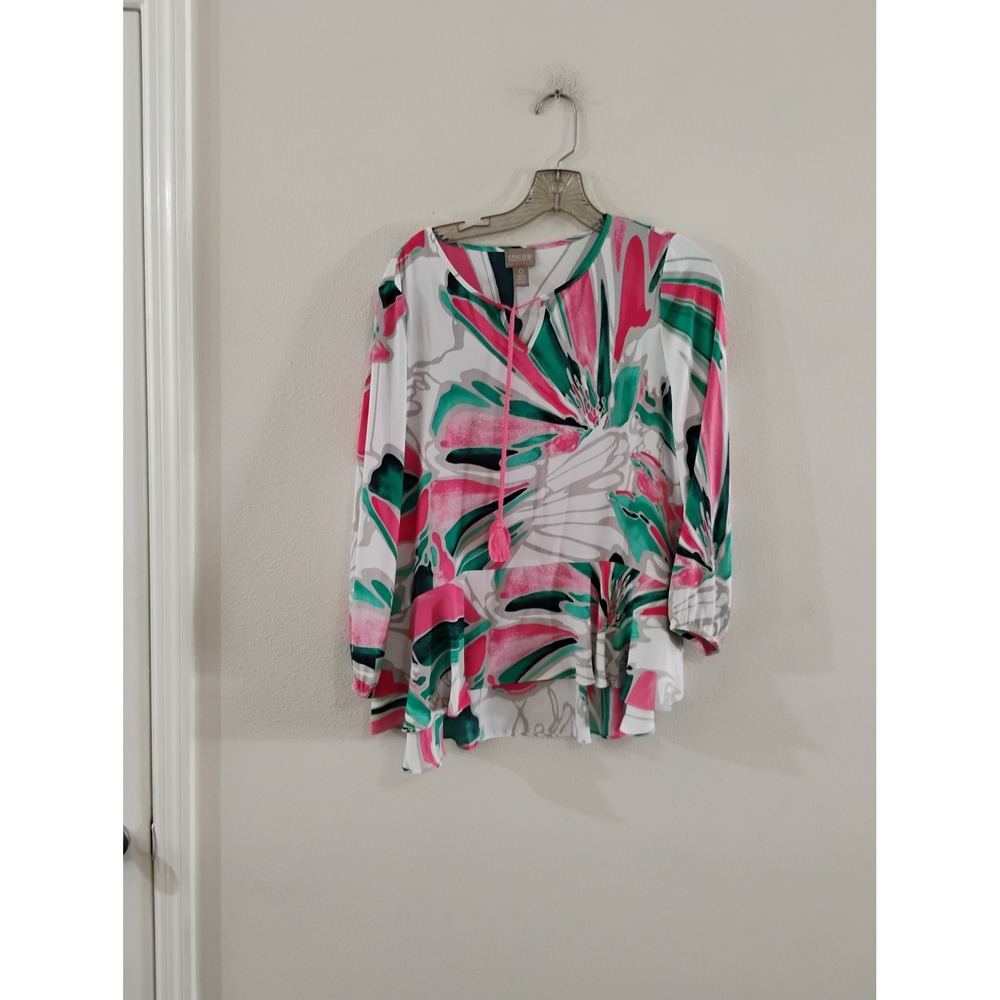 Chicos Pink Green Floral Peplum Blouse Tassel Tie Top Size 0 Small